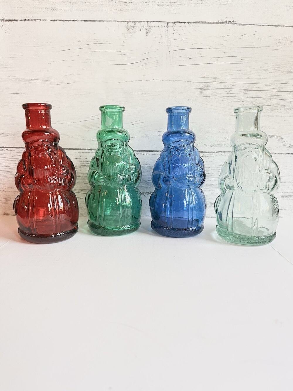 Set Of 4 Glass Santa Claus Christmas Bottles, Made in Spain Red Blue Green Clear